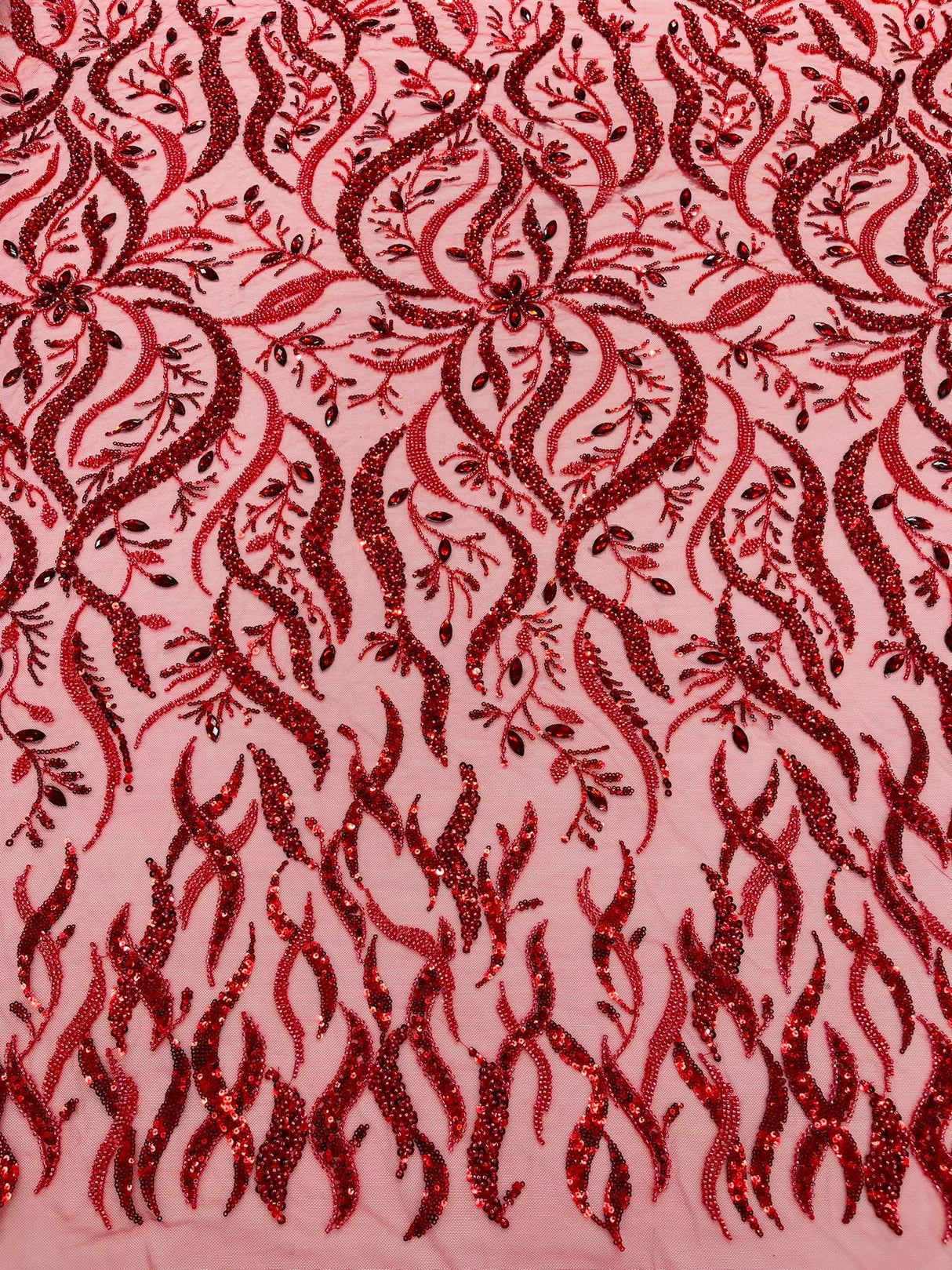 Jewel Vine Beaded Lace Polyester Fabric - Hand Beaded Vine Pattern, 54" Width (1 Yard)