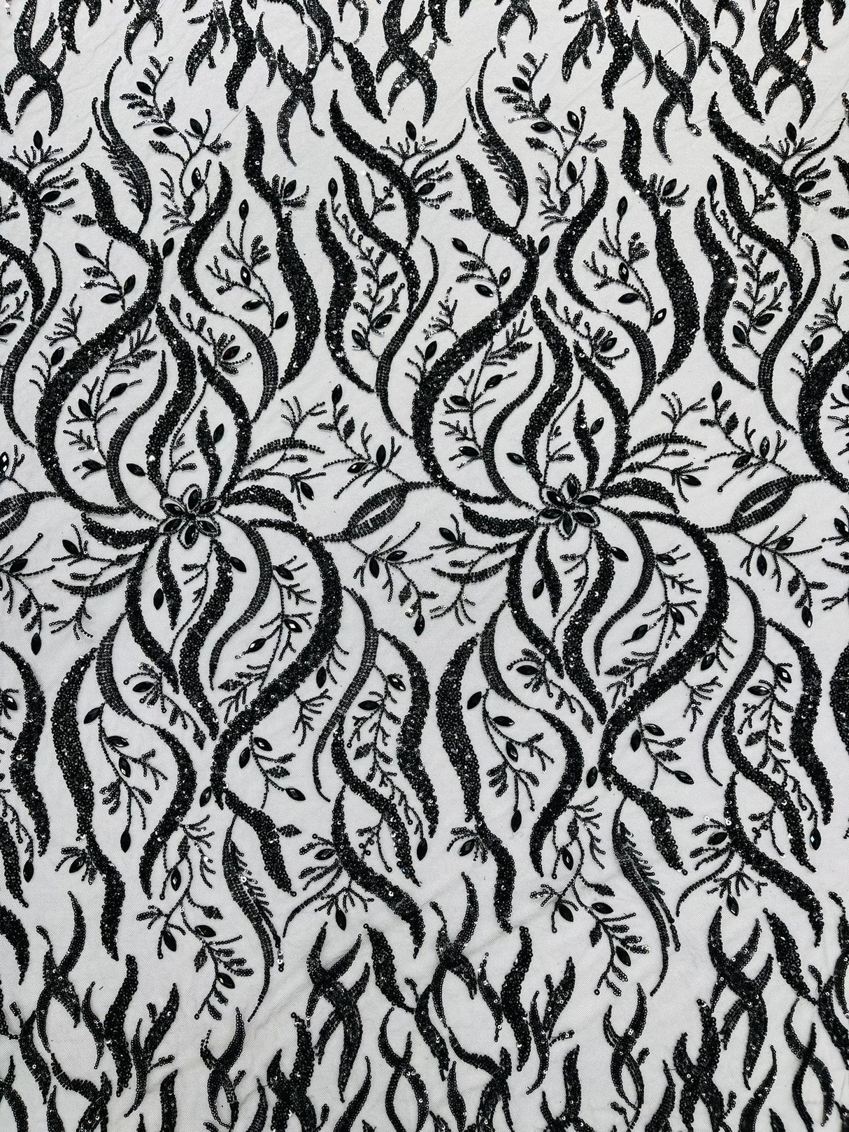 Jewel Vine Beaded Lace Polyester Fabric - Hand Beaded Vine Pattern, 54" Width (1 Yard)