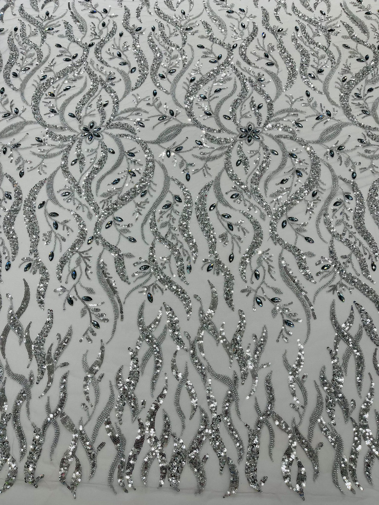 Jewel Vine Beaded Lace Polyester Fabric - Hand Beaded Vine Pattern, 54" Width (1 Yard)
