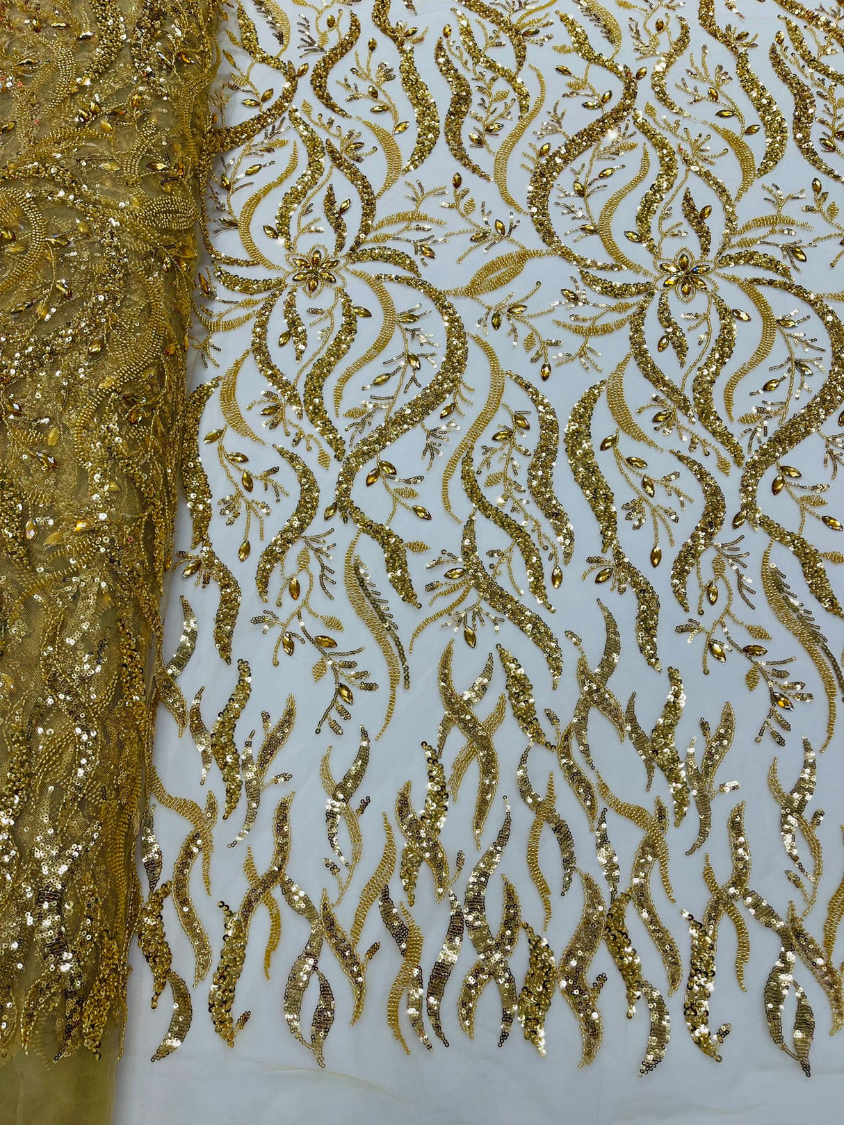 Jewel Vine Beaded Lace Polyester Fabric - Hand Beaded Vine Pattern, 54" Width (1 Yard)