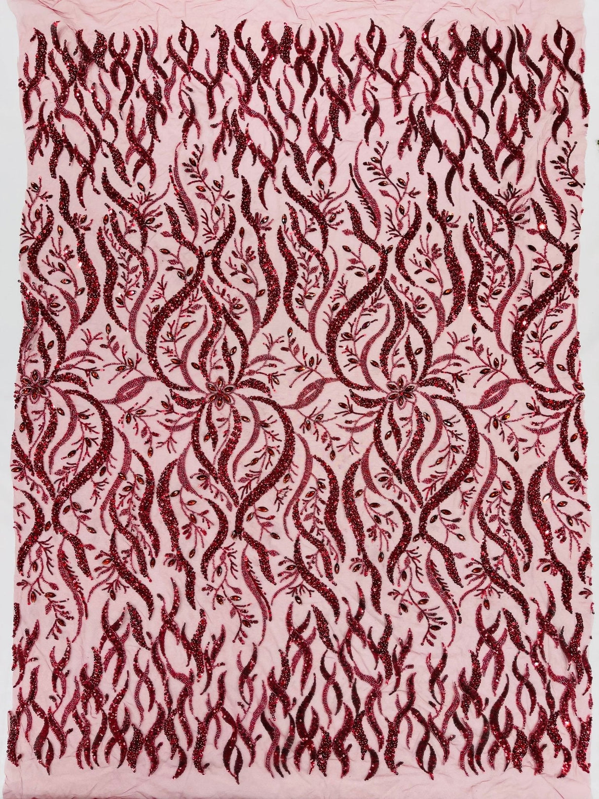 Jewel Vine Beaded Lace Polyester Fabric - Hand Beaded Vine Pattern, 54" Width (1 Yard)