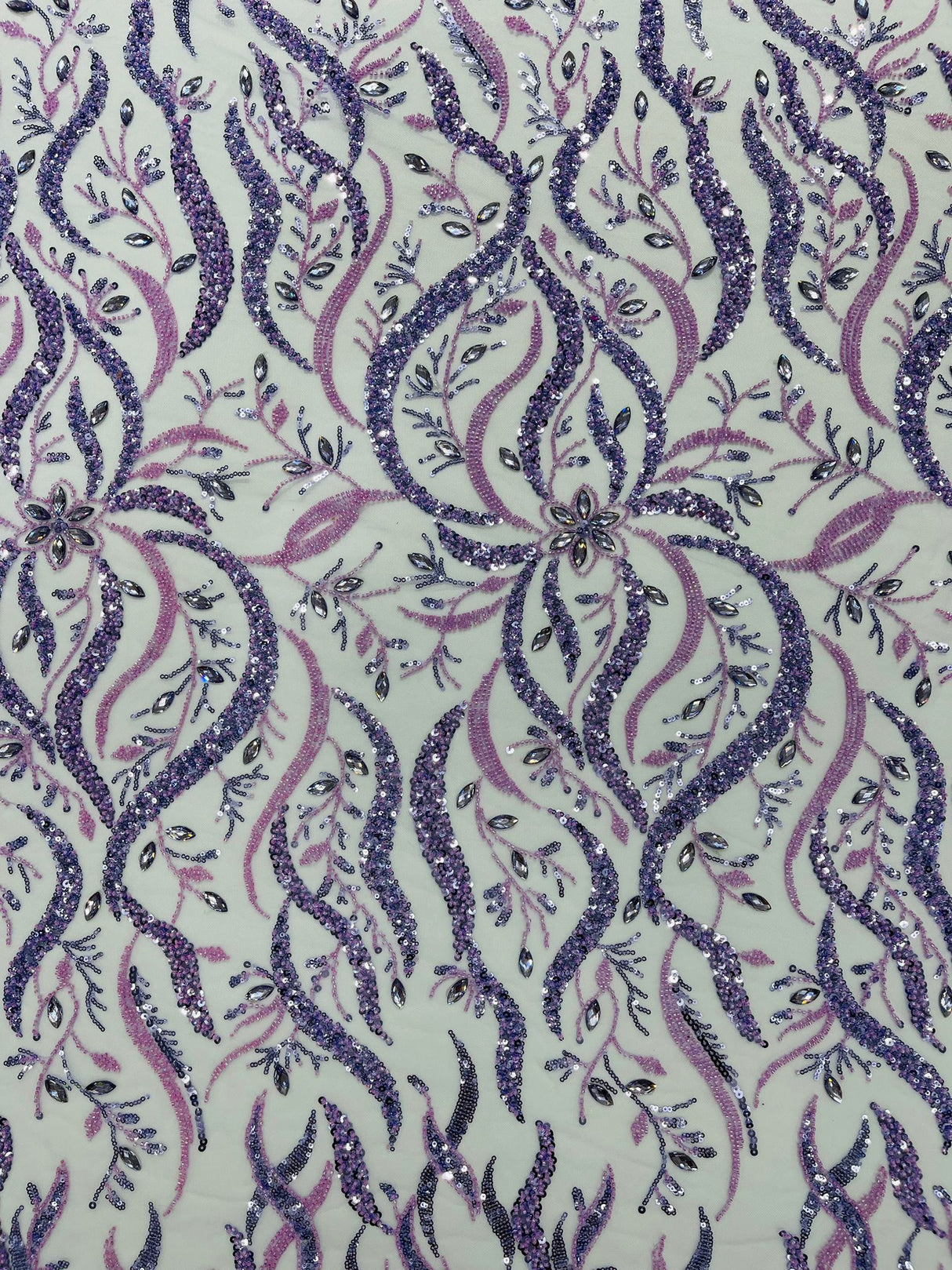 Jewel Vine Beaded Lace Polyester Fabric - Hand Beaded Vine Pattern, 54" Width (1 Yard)