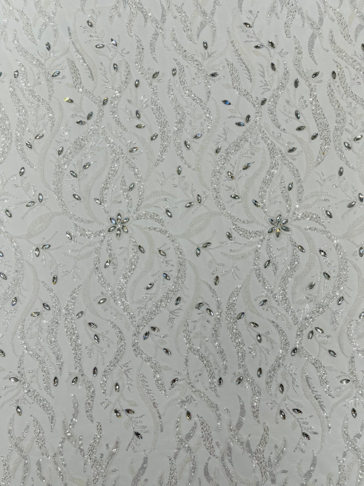 Jewel Vine Beaded Lace Polyester Fabric - Hand Beaded Vine Pattern, 54" Width (1 Yard)