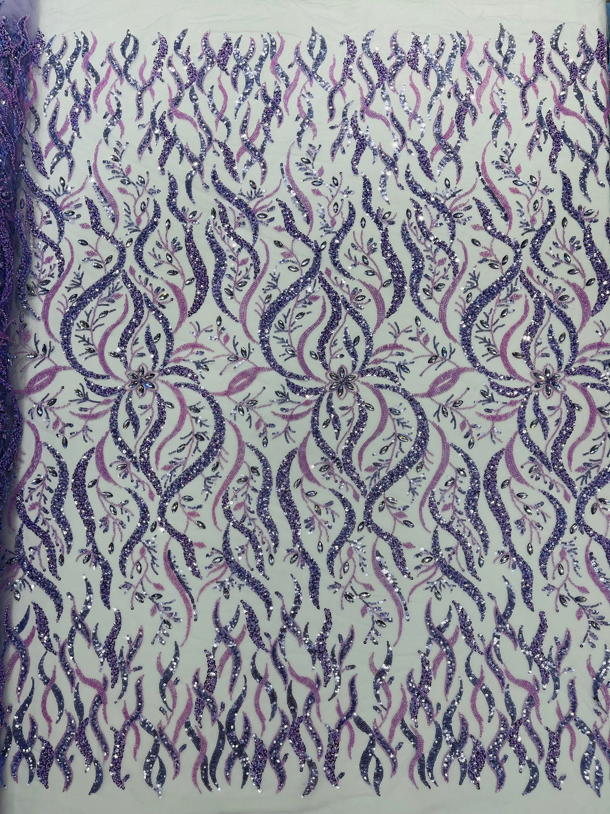 Jewel Vine Beaded Lace Polyester Fabric - Hand Beaded Vine Pattern, 54" Width (1 Yard)