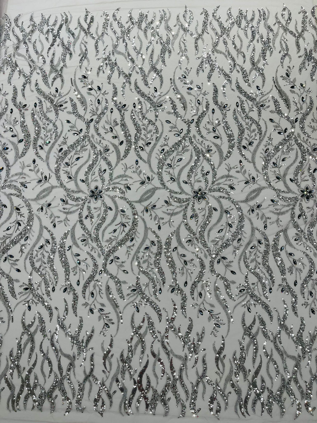 Jewel Vine Beaded Lace Polyester Fabric - Hand Beaded Vine Pattern, 54" Width (1 Yard)