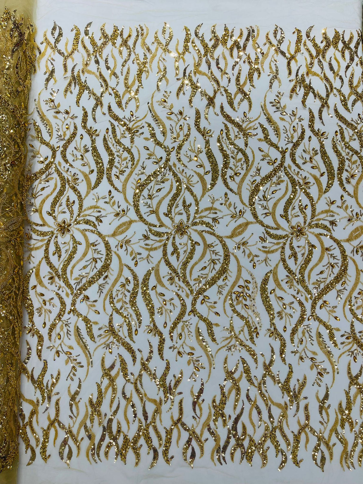 Jewel Vine Beaded Lace Polyester Fabric - Hand Beaded Vine Pattern, 54" Width (1 Yard)