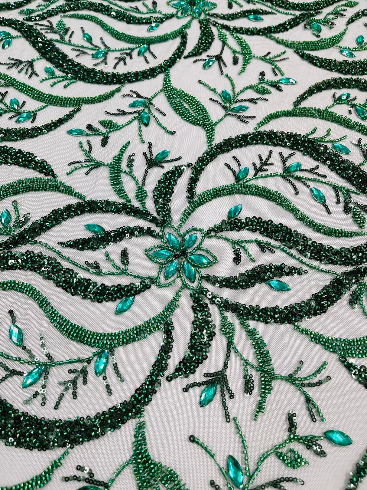 Jewel Vine Beaded Lace Polyester Fabric - Hand Beaded Vine Pattern, 54" Width (1 Yard)