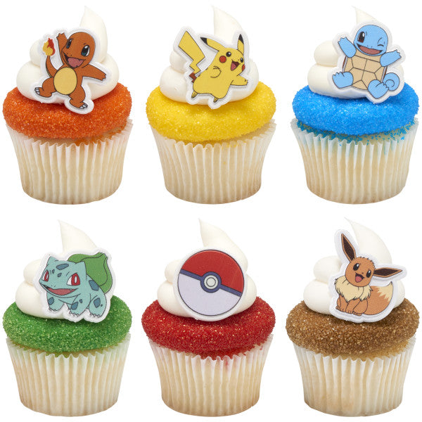 Pokémon Rings, Cupcake Decorations With Pikachu, Bulbasaur, Eevee, Charmander, Squirtle, and Poké Ball, Multicolored Food Safe Cake Toppers – 12 Pack