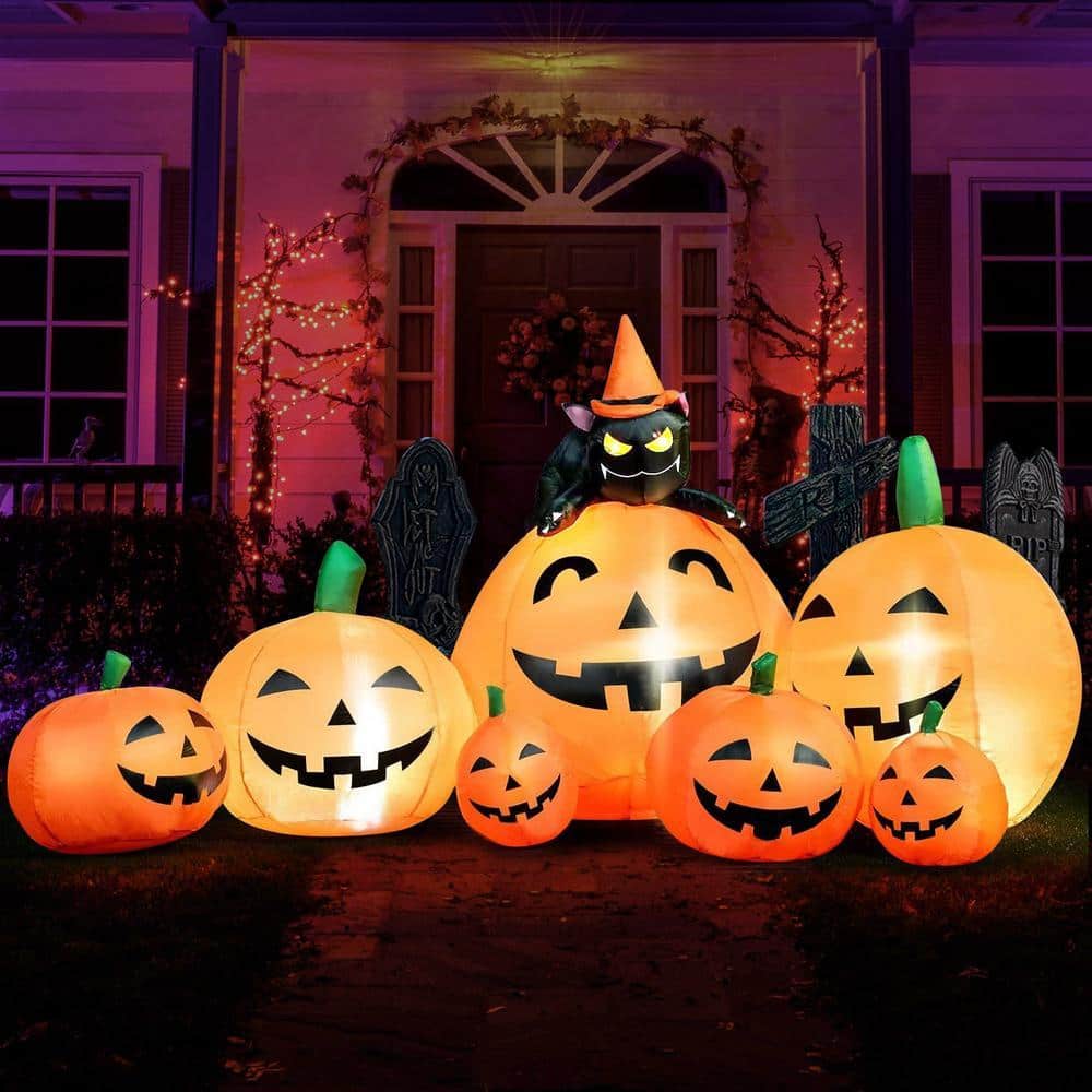 Syncfun 7 ft. Pumpkin Inflatable With Witch Cat Halloween Decor