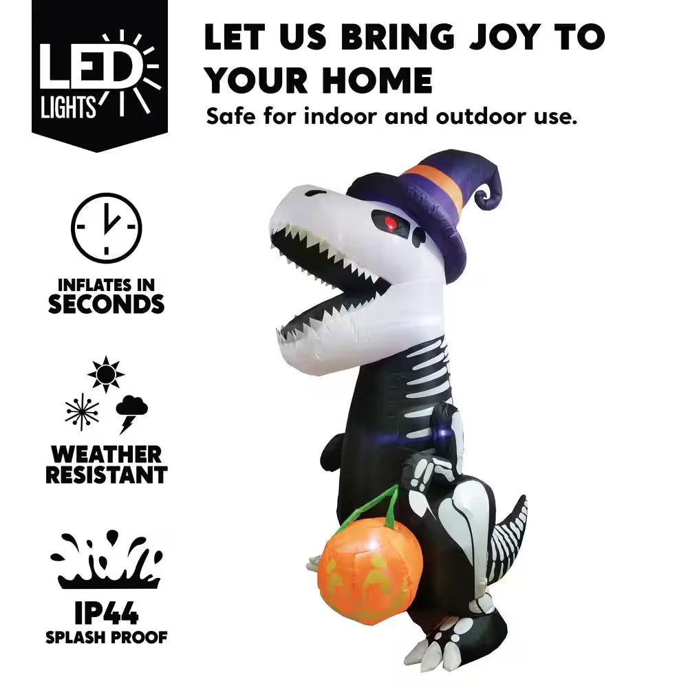 Inflatable Skeleton Dinosaur Halloween Decoration with Built-In LED Lights Outdoor