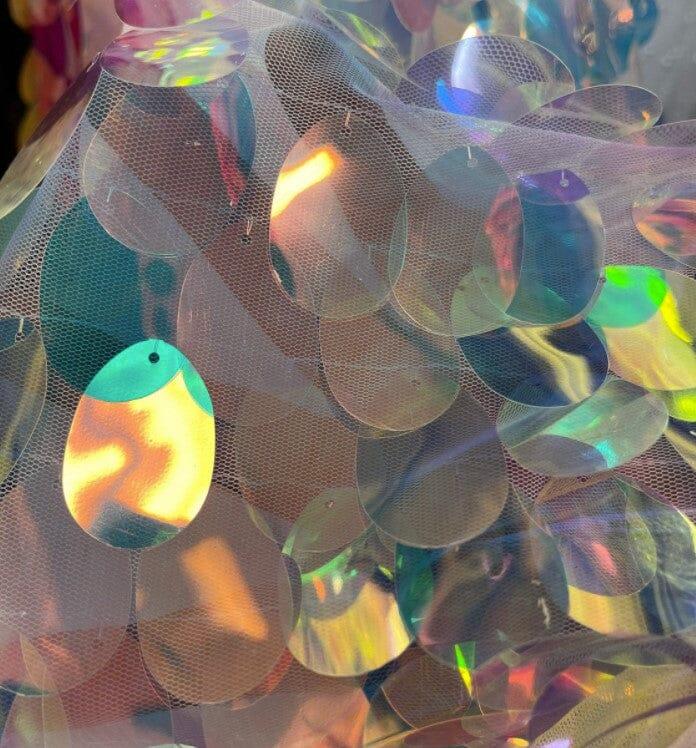 Jumbo Paillettes Sequins Polyester Fabric - Iridescent Oval Sequins, 52" Width (Yards)