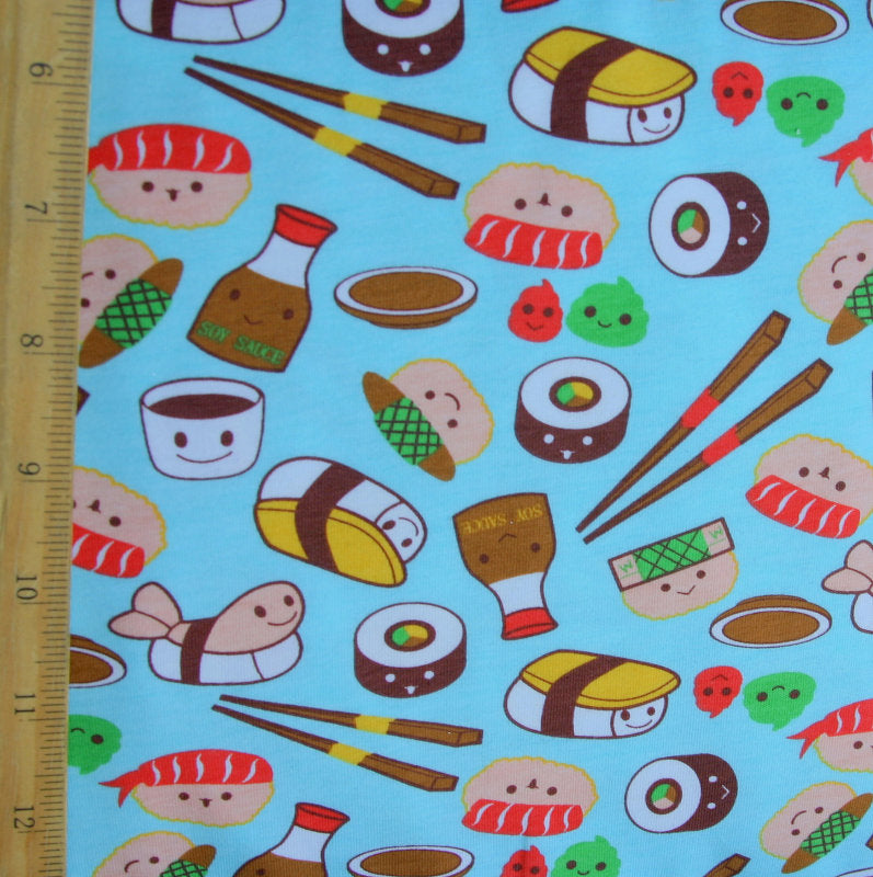 Cotton Lycra Knit Fabric Kawaii Sushi Blue Print