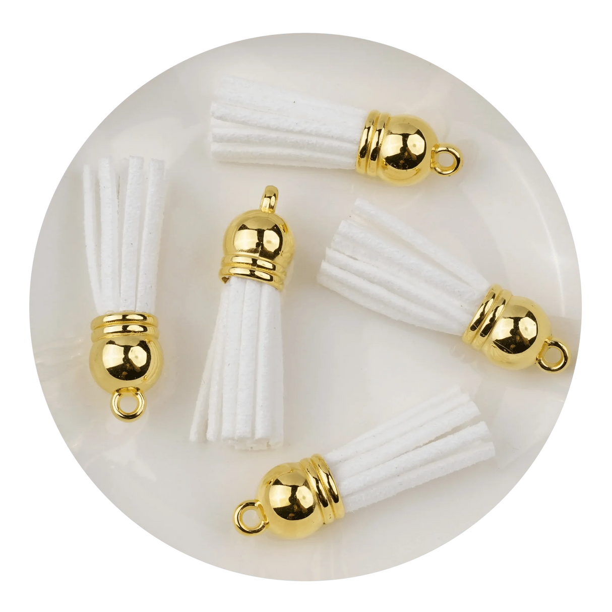 Keychain Tassel Gold Ring - White (5 per Bag - 1.4" Long)