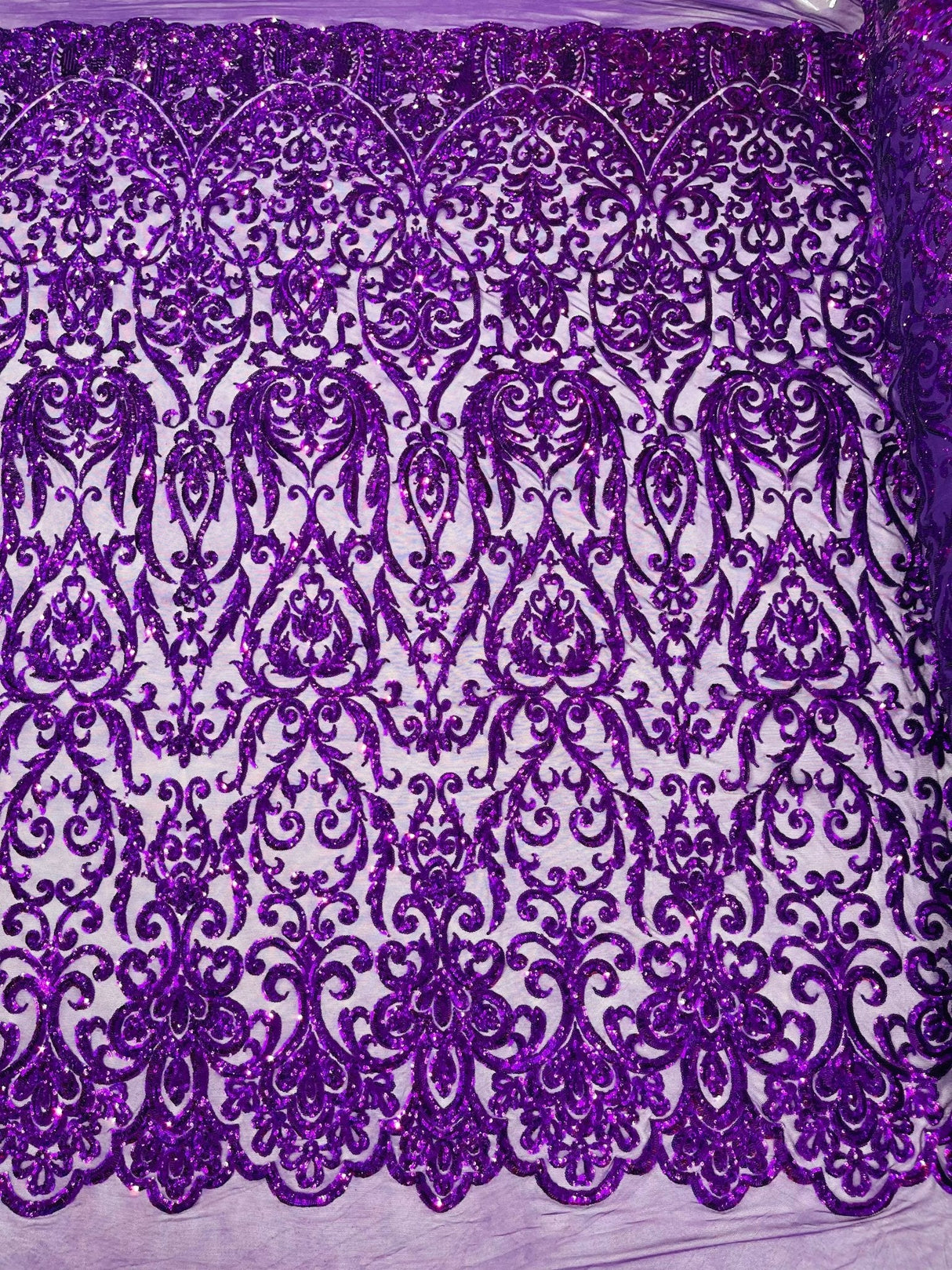 King Damask Sequin Fabric - 4 Way Stretch Mesh, Iridescent Sequin Embroidery, 54" Width (1 Yard)
