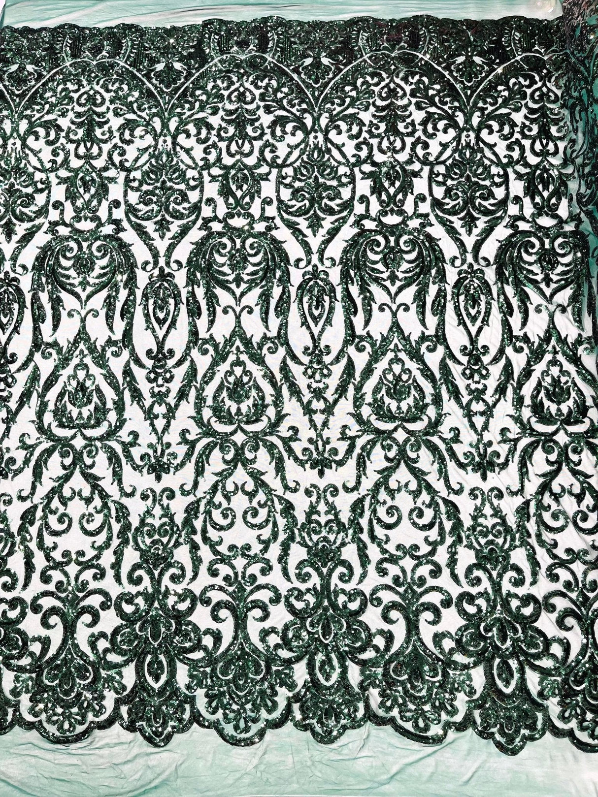 King Damask Sequin Fabric - 4 Way Stretch Mesh, Iridescent Sequin Embroidery, 54" Width (1 Yard)