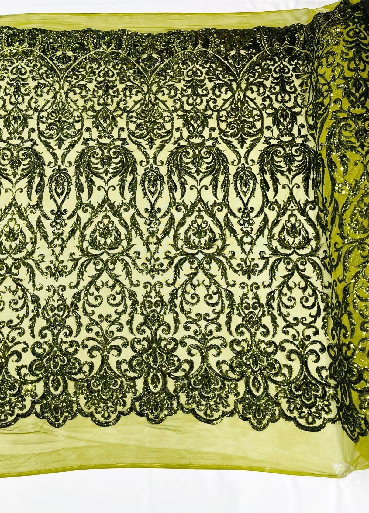 King Damask Sequin Fabric - 4 Way Stretch Mesh, Iridescent Sequin Embroidery, 54" Width (1 Yard)