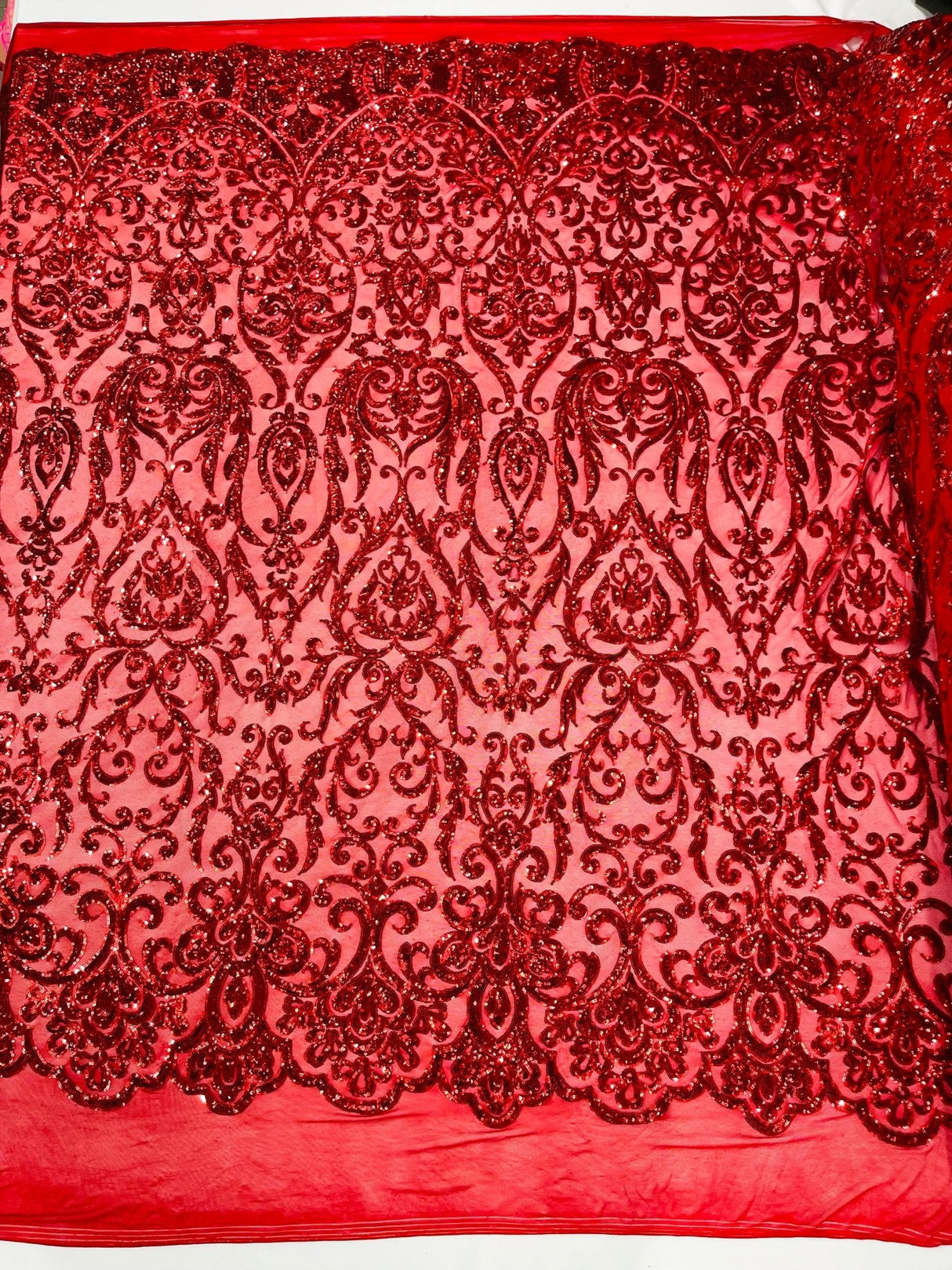 King Damask Sequin Fabric - 4 Way Stretch Mesh, Iridescent Sequin Embroidery, 54" Width (1 Yard)