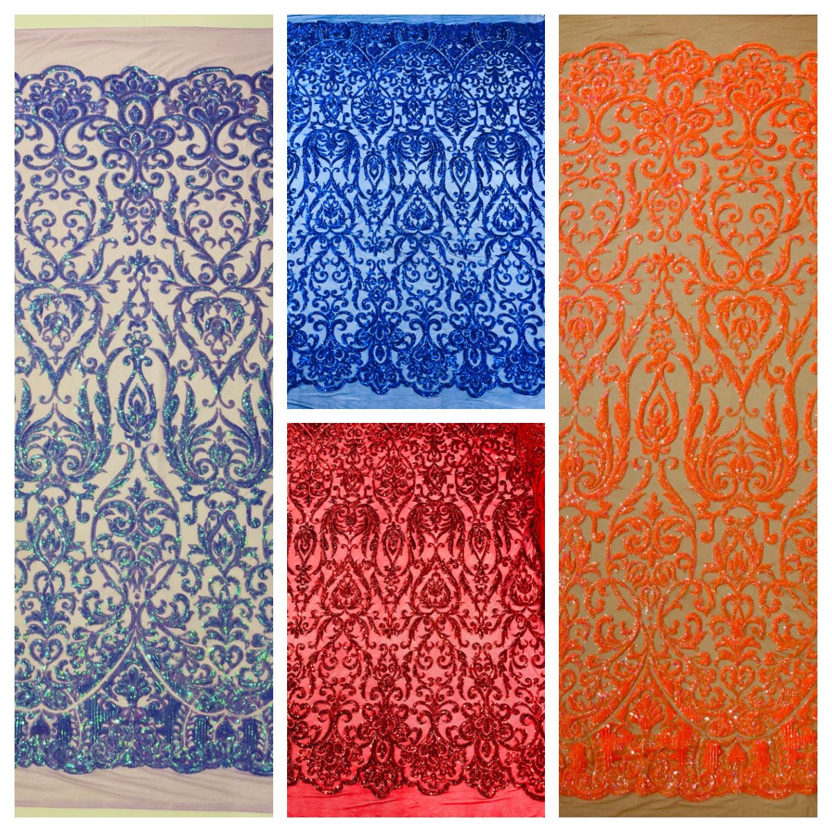 King Damask Sequin Fabric - 4 Way Stretch Mesh, Iridescent Sequin Embroidery, 54" Width (1 Yard)
