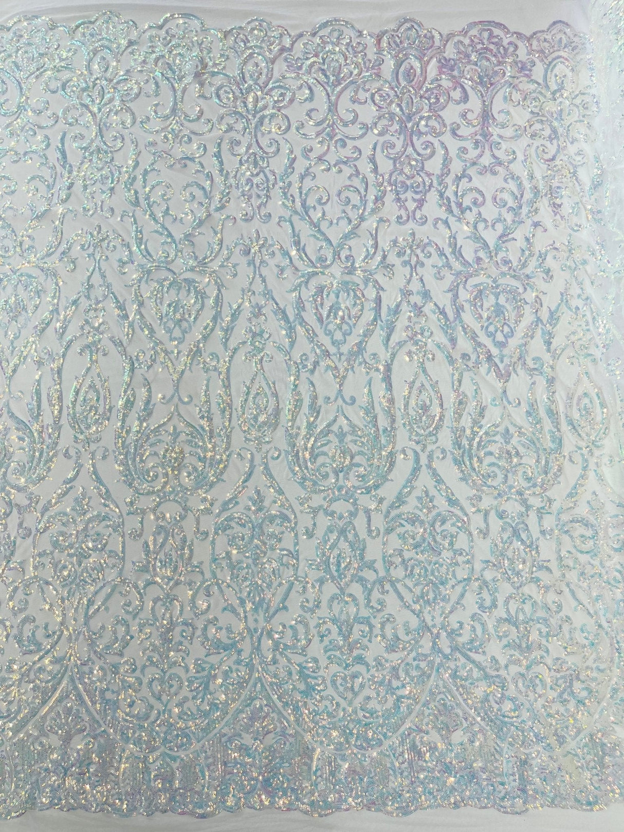 King Damask Sequin Fabric - 4 Way Stretch Mesh, Iridescent Sequin Embroidery, 54" Width (1 Yard)