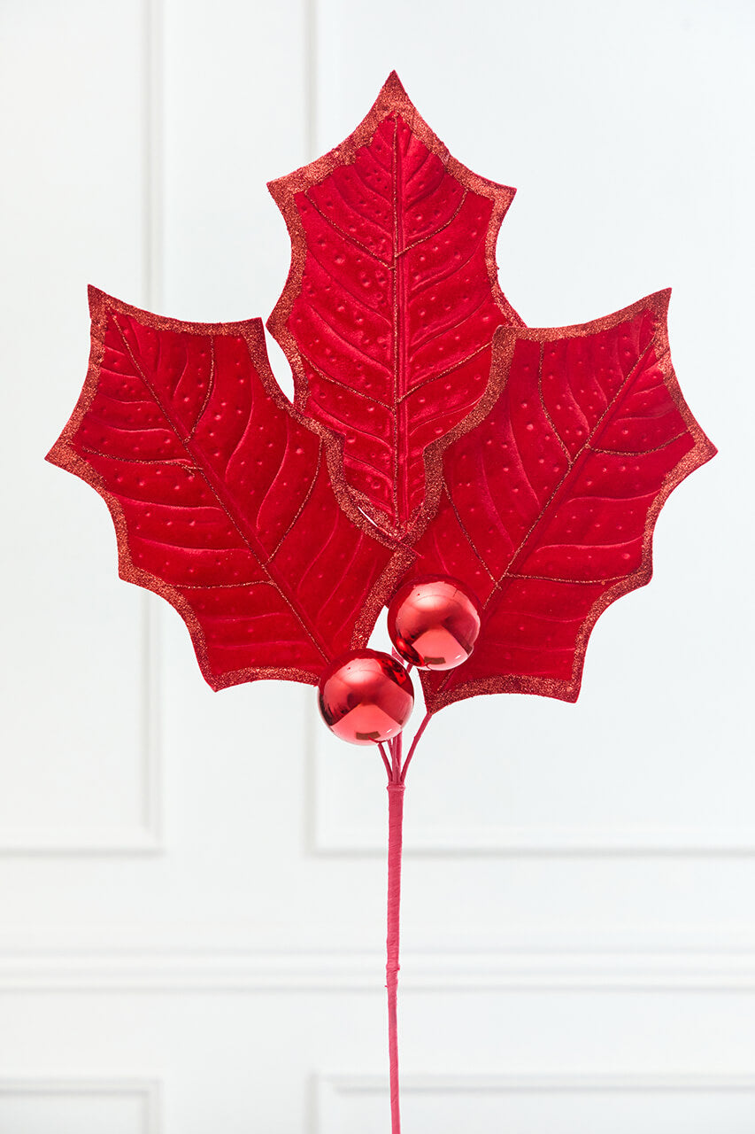 39" Red Velvet Holly Leaves Spray