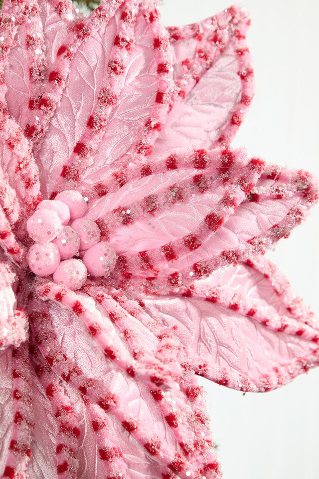 30 Inchi Giant Candy Snow Glitter Poinsettia Stem - Pink/Red Christmas Holiday Floral Decor