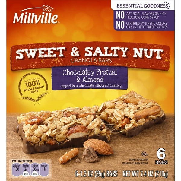 Millville Sweet and Salty Nut Chocolatey Pretzel and Almond Granola Bars, 6 count