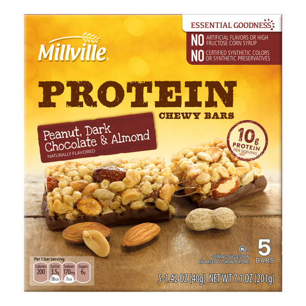 Millville Peanut, Dark Chocolate & Almond Protein Chewy Granola Bars, 5 count