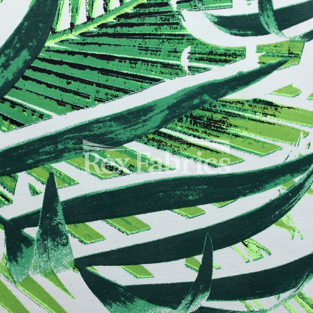 Leaf Lagoon Nylon Spandex Fabric - Green/Pink Palm Leaf Print, 58" Width (1 Yard)
