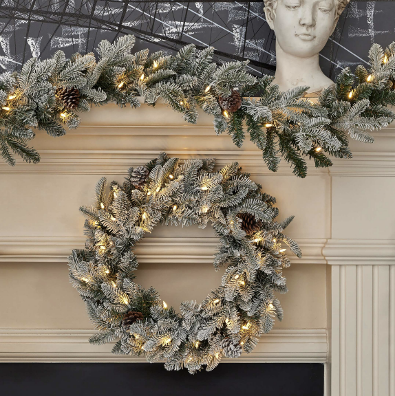 24" Lexington Fir Flocked Plug-In Wreath with Warm White LED Lights