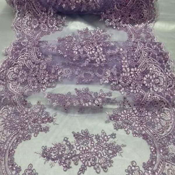 VT-14 Sequin Lace Fabric - Embroidered Mesh, Scalloped Edge, 20.08" Width