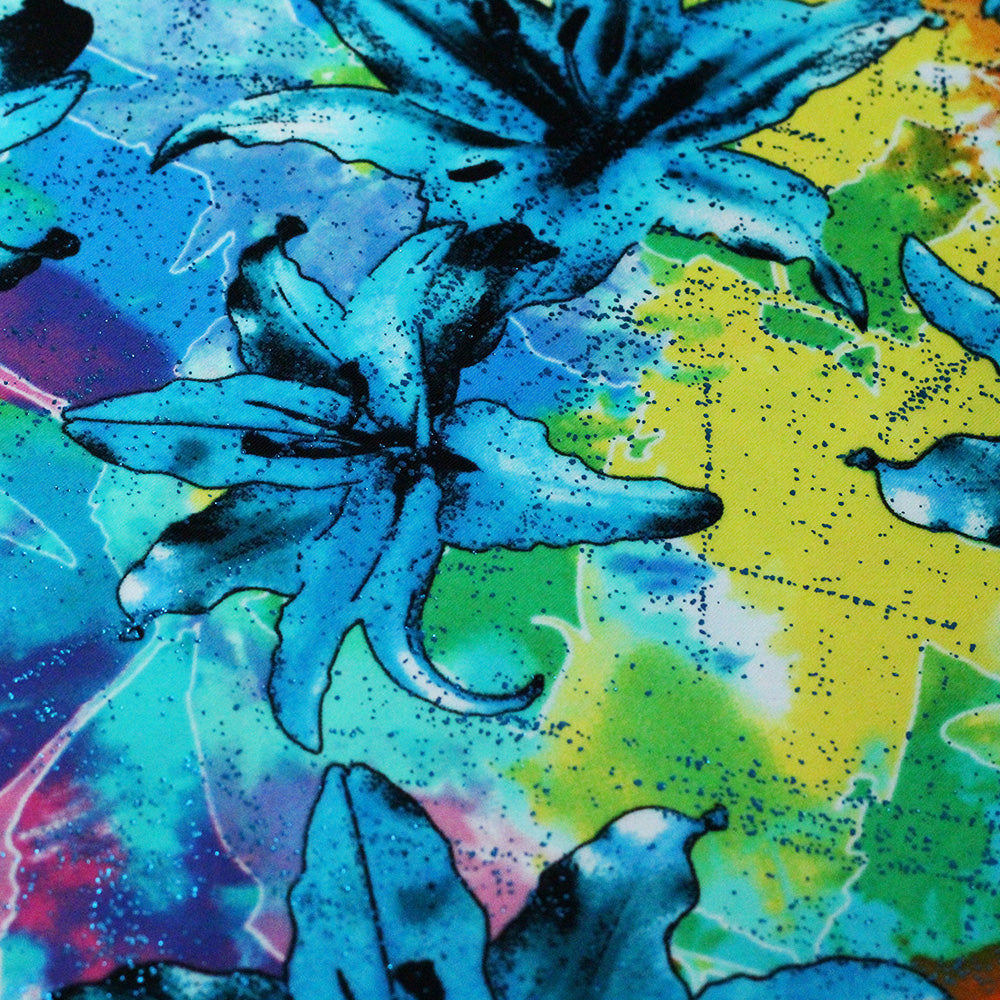 Neon Garden Nylon Spandex Fabric - Multicolor Blue Lily Floral Print, 58-60" Width (1 Yard)