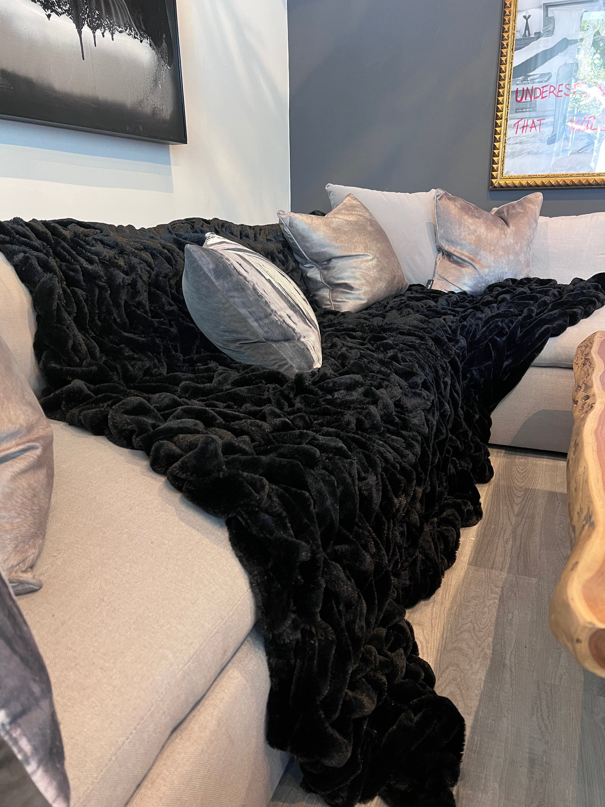 Braided Fluffy Faux Fur Chinchilla Fabric - Black Braided, 104" X 93" (Cal King/Eastern King - 104" X 93")