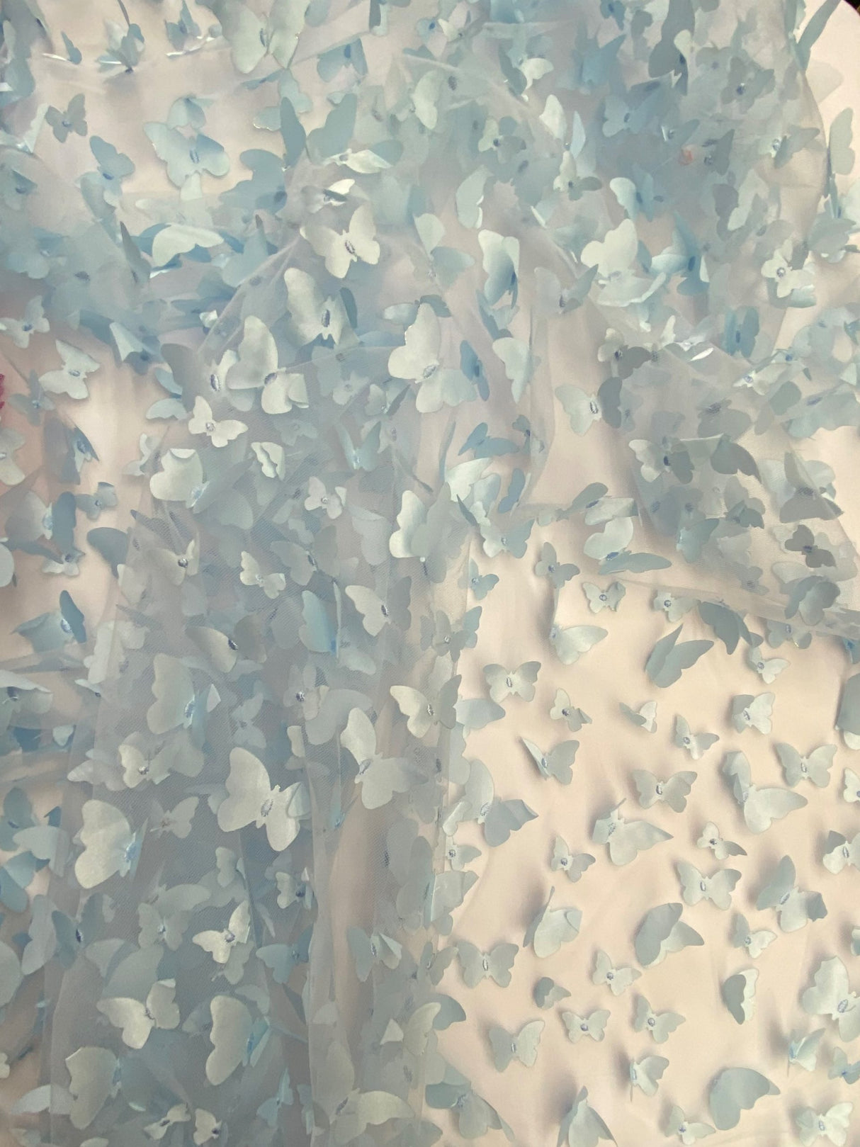 3D Butterflies Light Blue Polyester Mesh Fabric - Light Blue Butterflies, 54" Width (1 Yard)