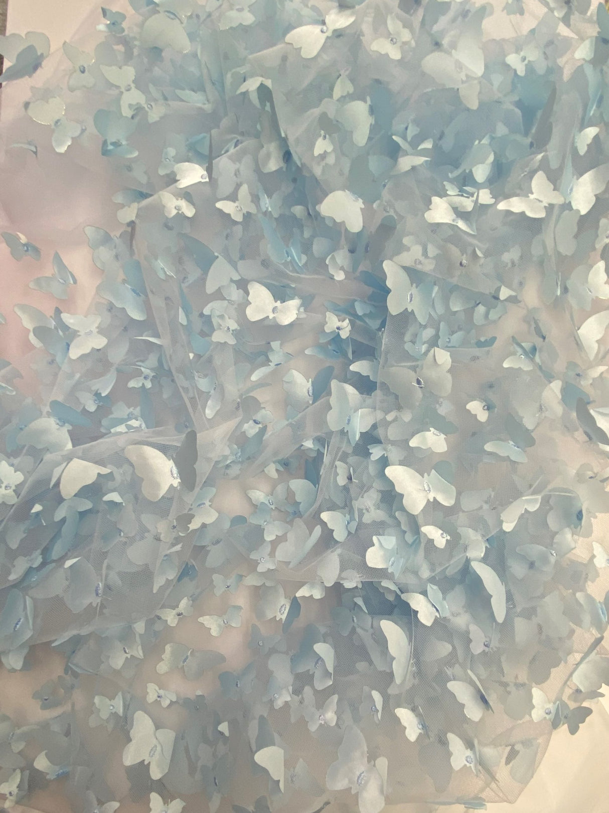3D Butterflies Light Blue Polyester Mesh Fabric - Light Blue Butterflies, 54" Width (1 Yard)