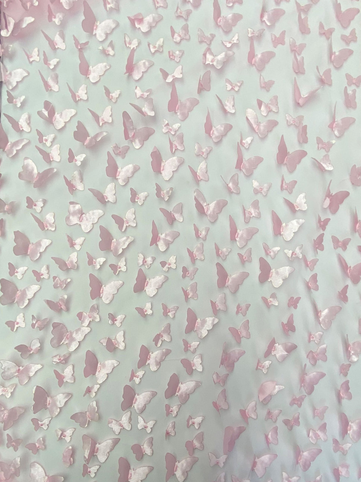 3D Butterflies 100 Percent Polyester Fabric - Light Pink Satin Butterflies On 2-Way Stretch Mesh, 54" Width