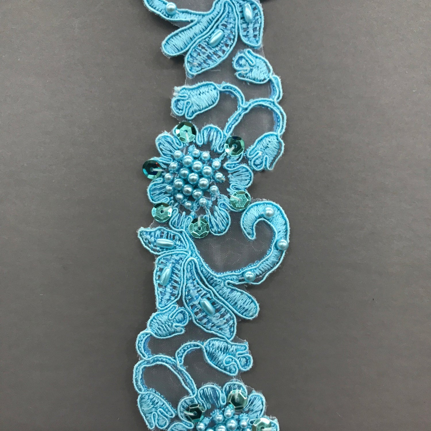 1 Yard Handmade Beaded & Corded Lace Trimming Embroidered on Polyester Organza 2 Inch Width