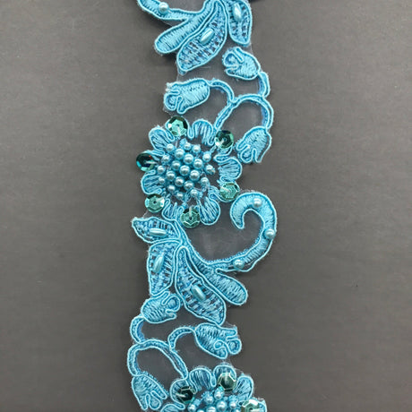 1 Yard Handmade Beaded & Corded Lace Trimming Embroidered on Polyester Organza 2 Inch Width