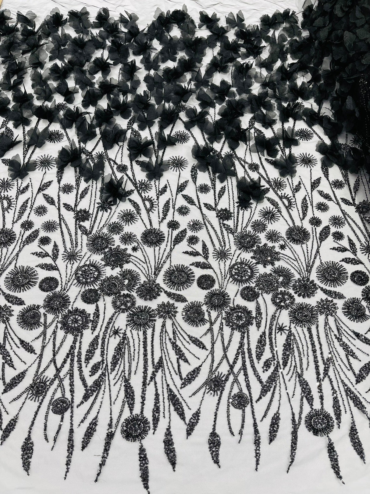 Luxury 3D Floral Butterfly Beaded Lace Fabric - 54" Width, Color Options (1 Yard)