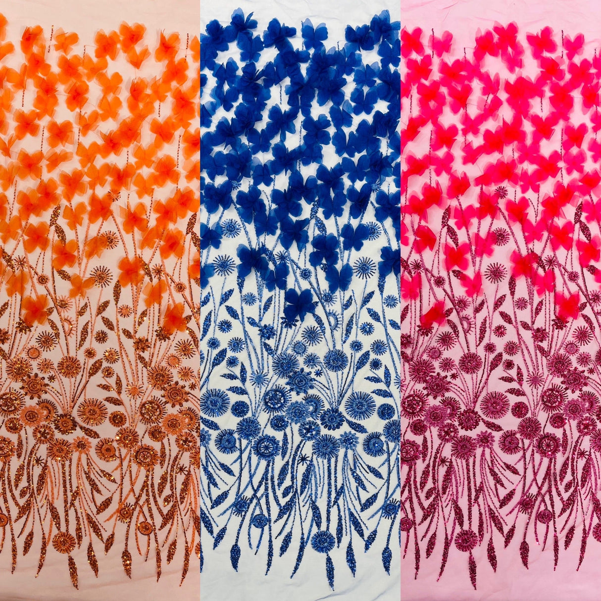Luxury 3D Floral Butterfly Beaded Lace Fabric - 54" Width, Color Options (1 Yard)