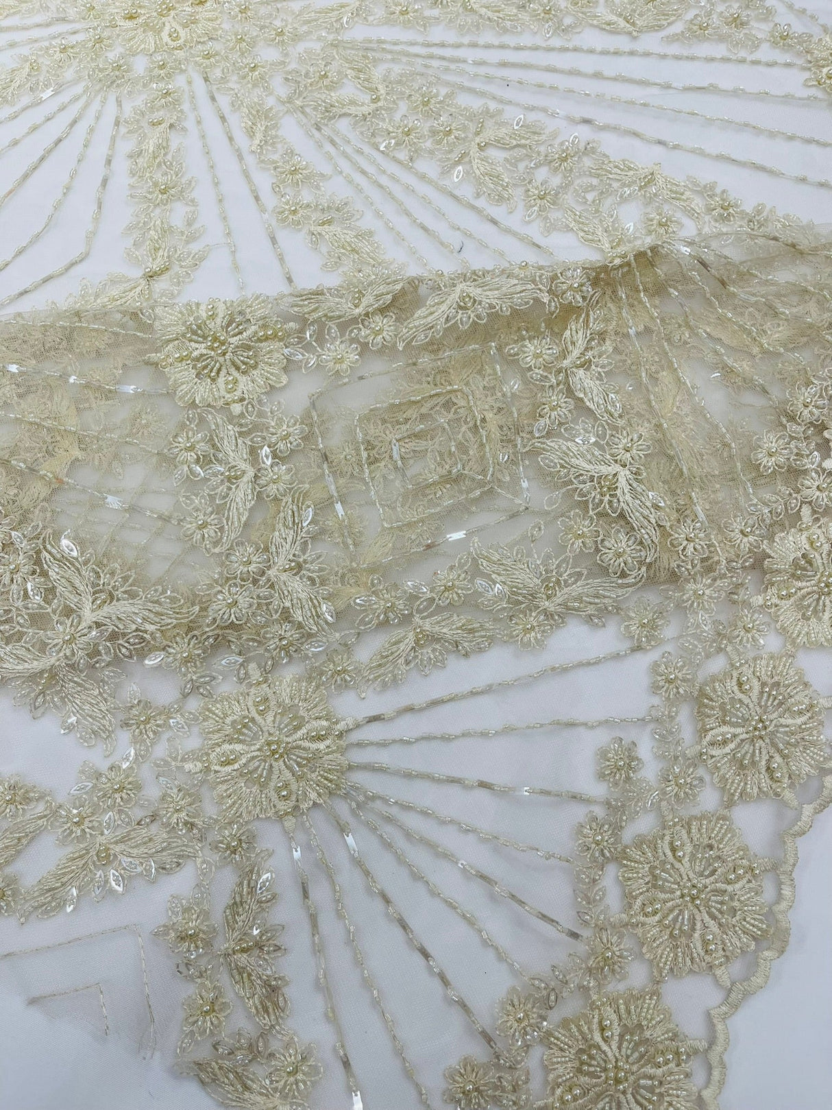 Luxury Bridal Fabric With Geometric Beading On Mesh - Beaded Mesh Fabric, 54" Width, Color Options (1 Yard)