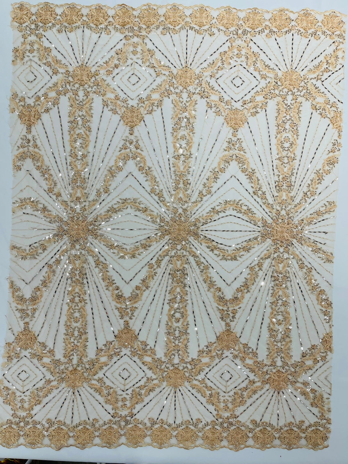 Luxury Bridal Fabric With Geometric Beading On Mesh - Beaded Mesh Fabric, 54" Width, Color Options (1 Yard)
