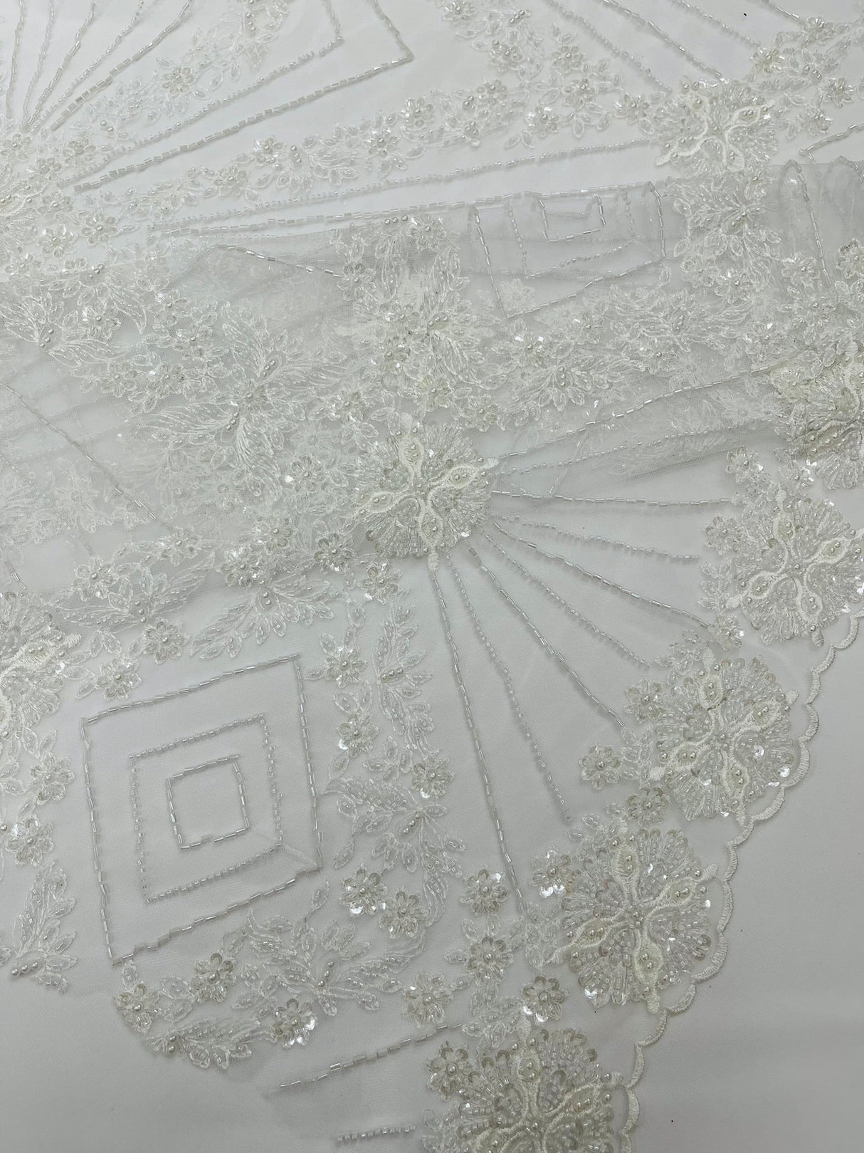 Luxury Bridal Fabric With Geometric Beading On Mesh - Beaded Mesh Fabric, 54" Width, Color Options (1 Yard)