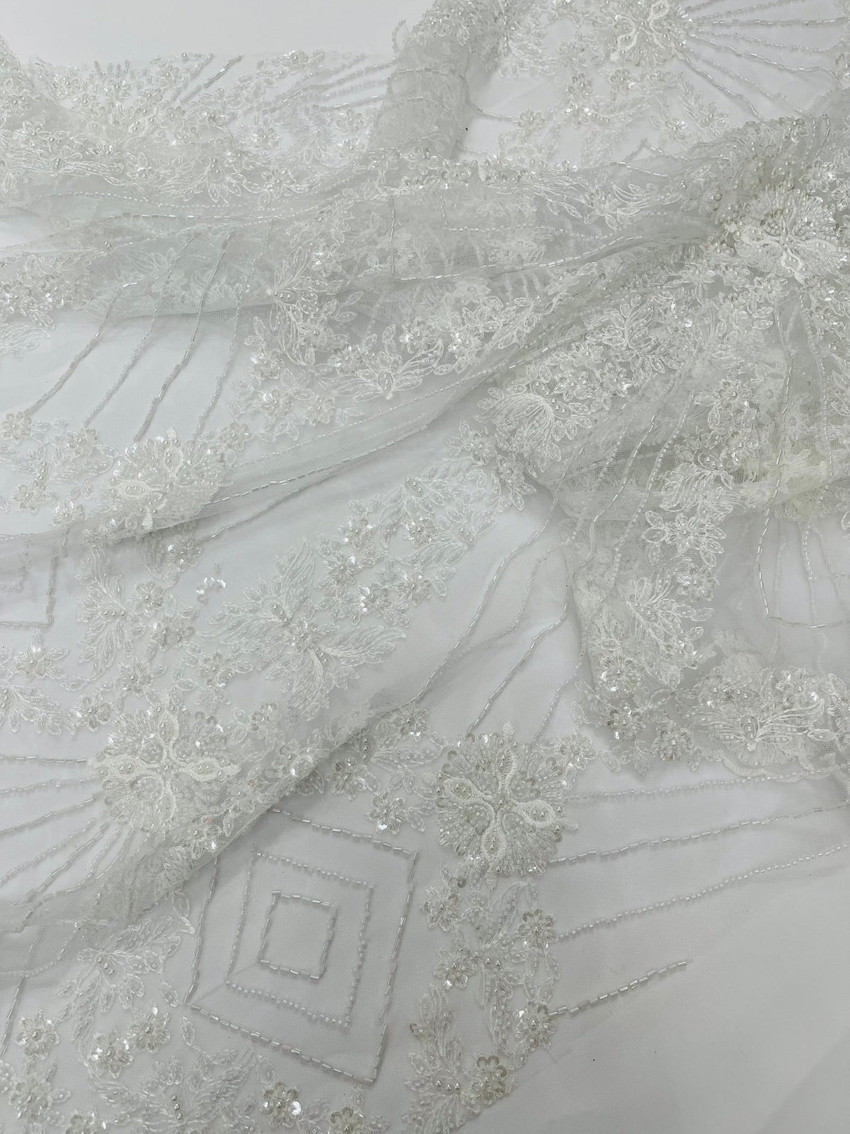 Luxury Bridal Fabric With Geometric Beading On Mesh - Beaded Mesh Fabric, 54" Width, Color Options (1 Yard)
