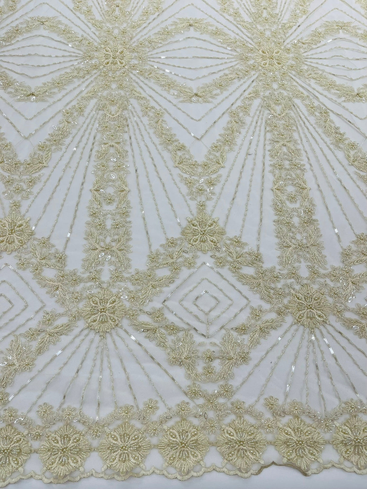 Luxury Bridal Fabric With Geometric Beading On Mesh - Beaded Mesh Fabric, 54" Width, Color Options (1 Yard)