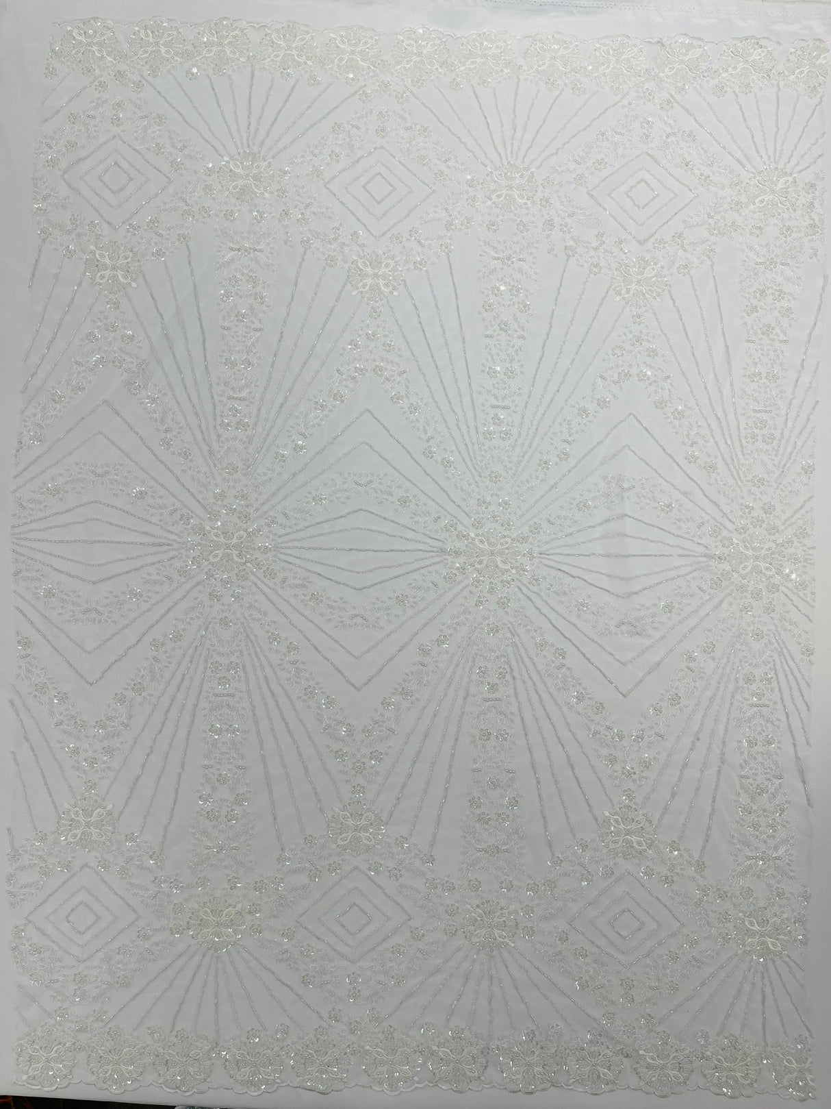 Luxury Bridal Fabric With Geometric Beading On Mesh - Beaded Mesh Fabric, 54" Width, Color Options (1 Yard)