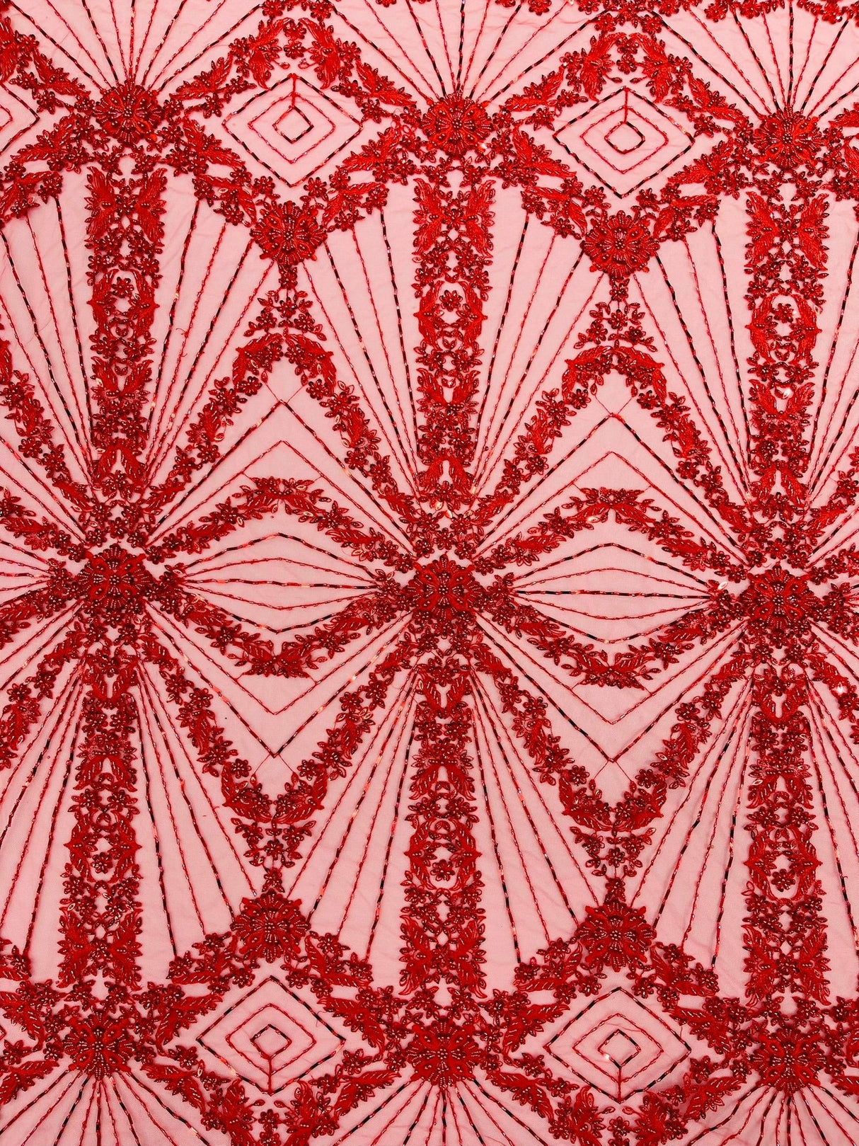 Luxury Bridal Fabric With Geometric Beading On Mesh - Beaded Mesh Fabric, 54" Width, Color Options (1 Yard)