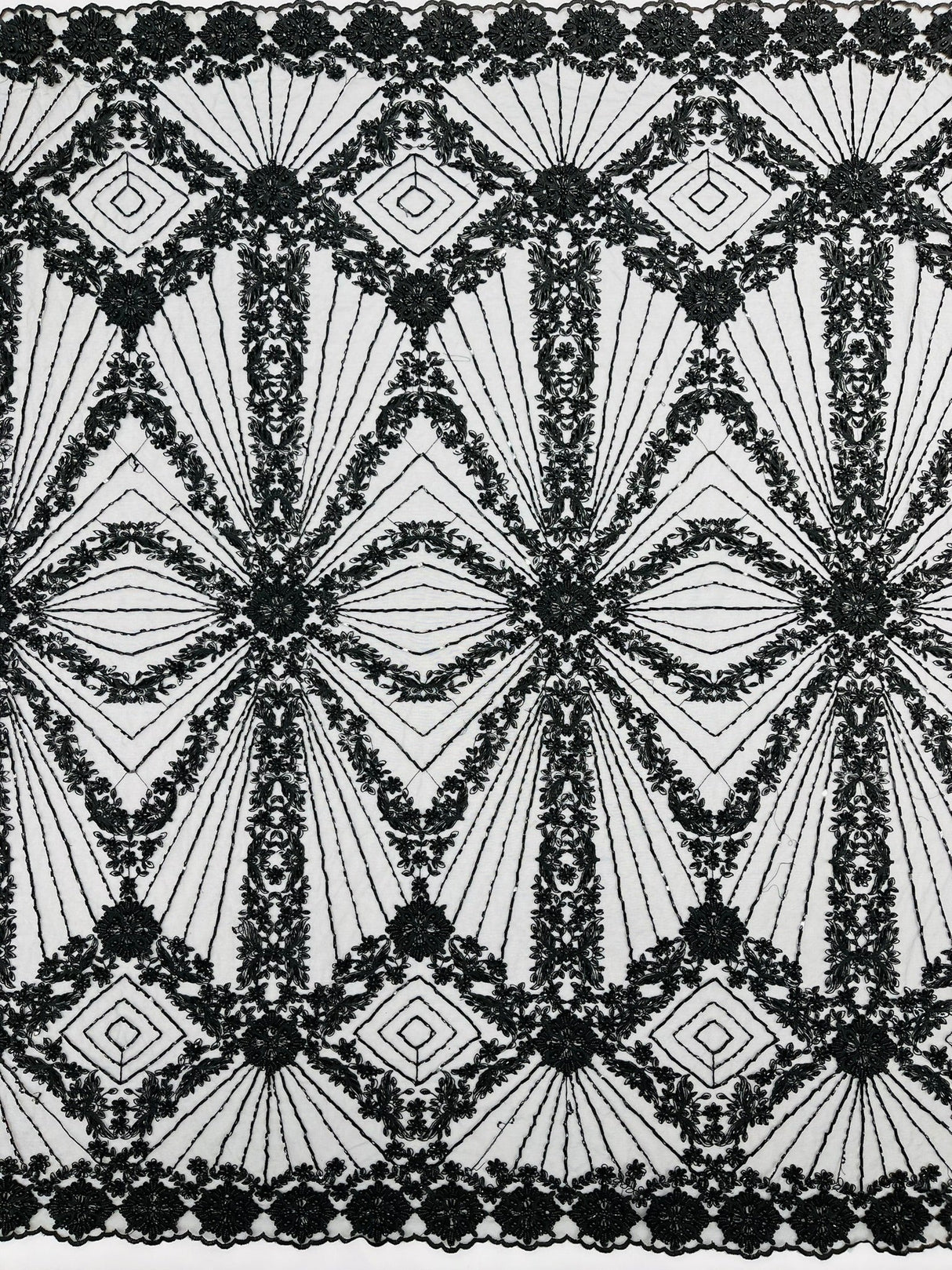 Luxury Bridal Fabric With Geometric Beading On Mesh - Beaded Mesh Fabric, 54" Width, Color Options (1 Yard)