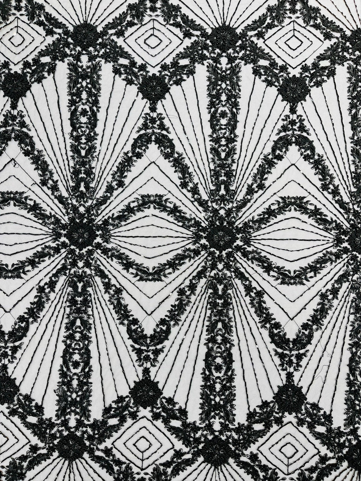 Luxury Bridal Fabric With Geometric Beading On Mesh - Beaded Mesh Fabric, 54" Width, Color Options (1 Yard)