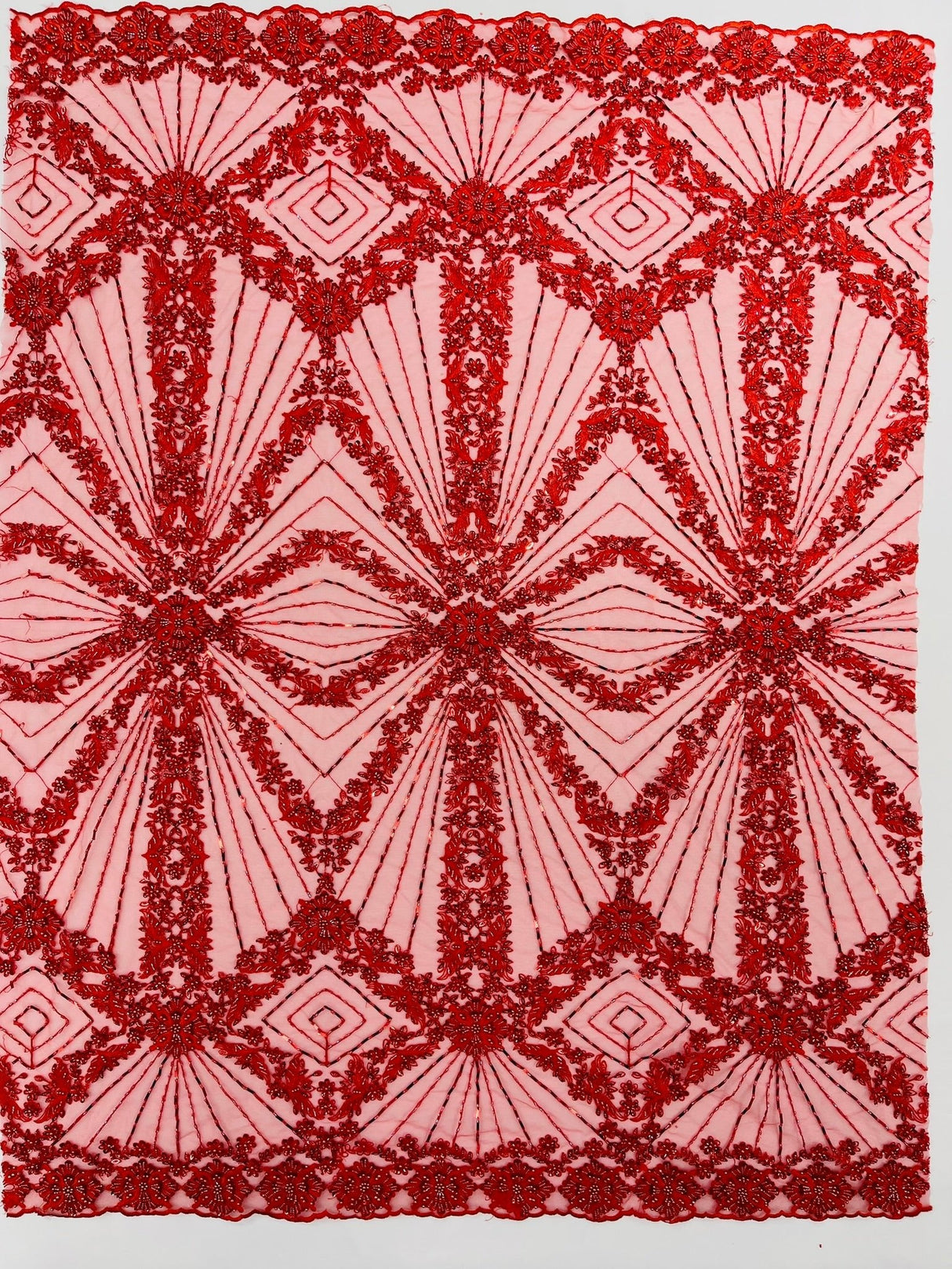 Luxury Bridal Fabric With Geometric Beading On Mesh - Beaded Mesh Fabric, 54" Width, Color Options (1 Yard)