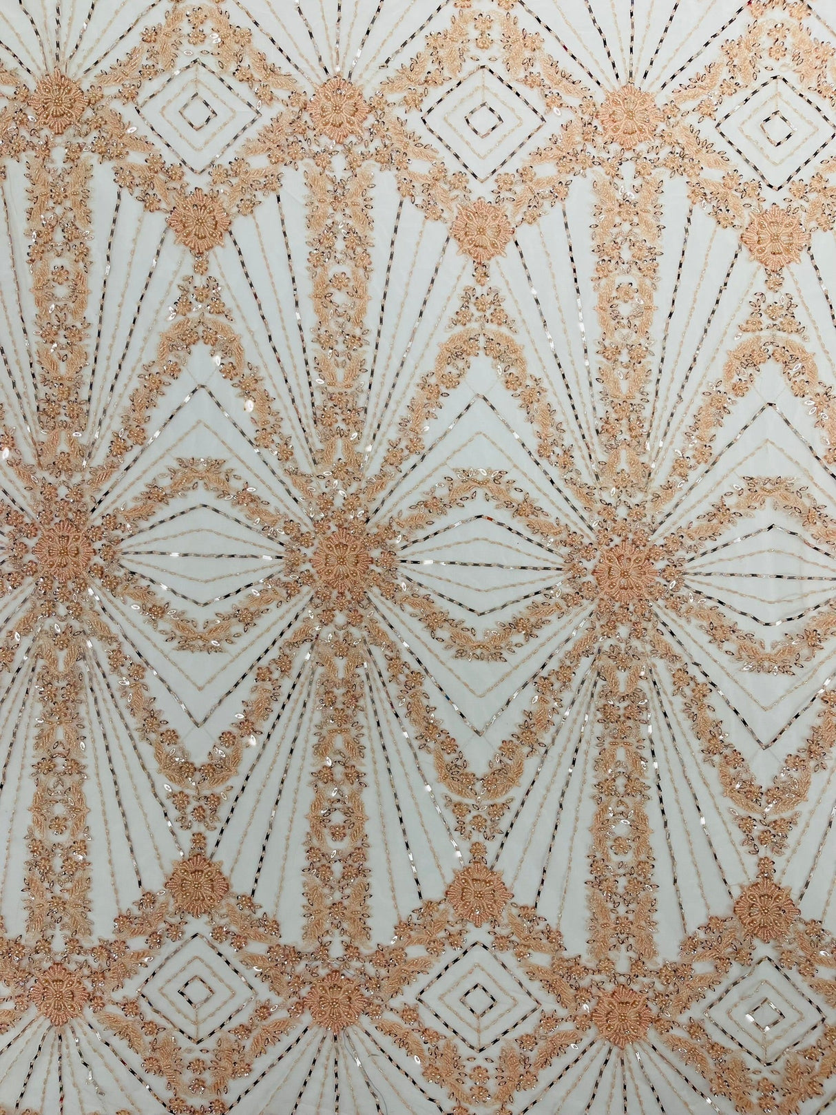 Luxury Bridal Fabric With Geometric Beading On Mesh - Beaded Mesh Fabric, 54" Width, Color Options (1 Yard)